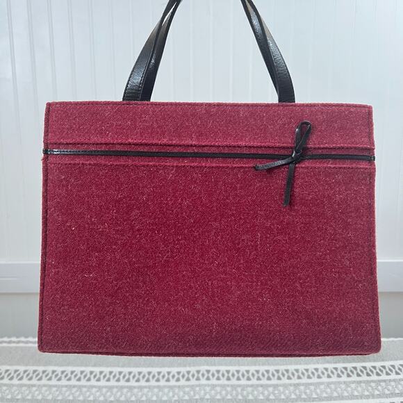 Vintage Kate Spade Burgundy Felt Shoulder Bag Black Leather Handles Bow Detail - Picture 1 of 14